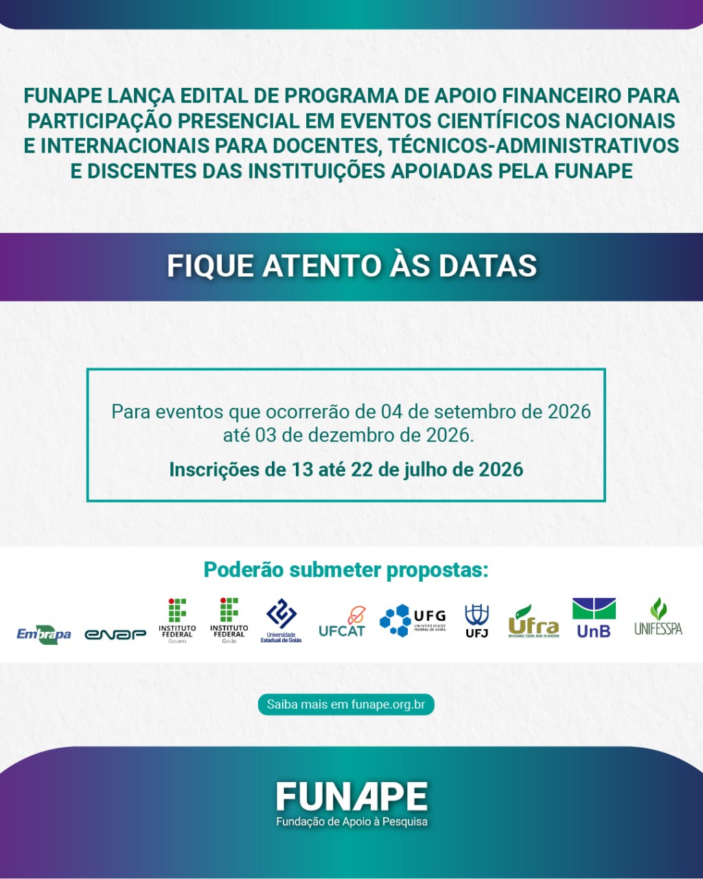 Imagem da publicação: Edital FUNAPE Nº 01/2026 — Apoio Financeiro para Participação em Eventos Científicos