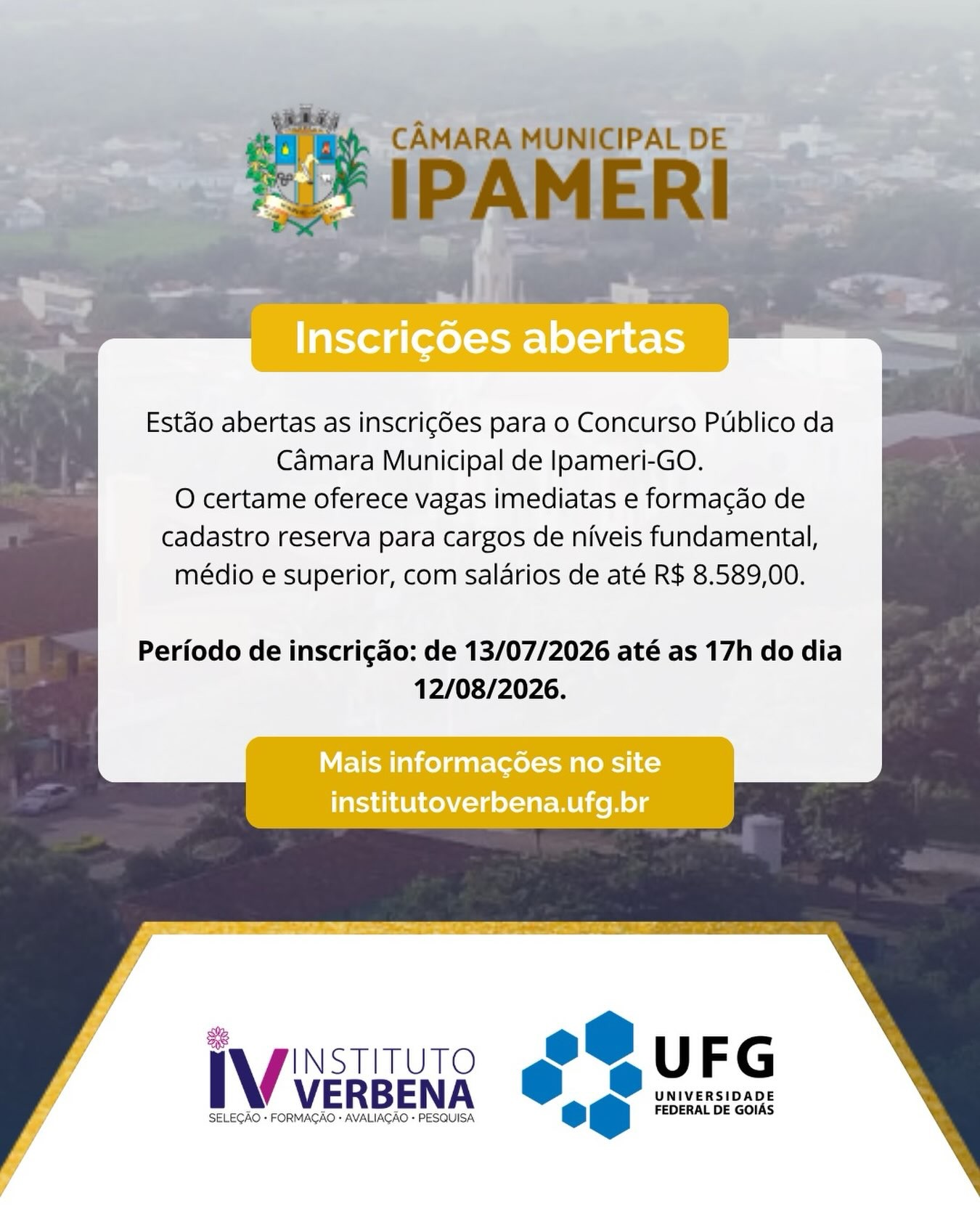 Imagem da publicação: Concurso da Câmara de Ipameri-GO: inscrições abertas até 12 de agosto