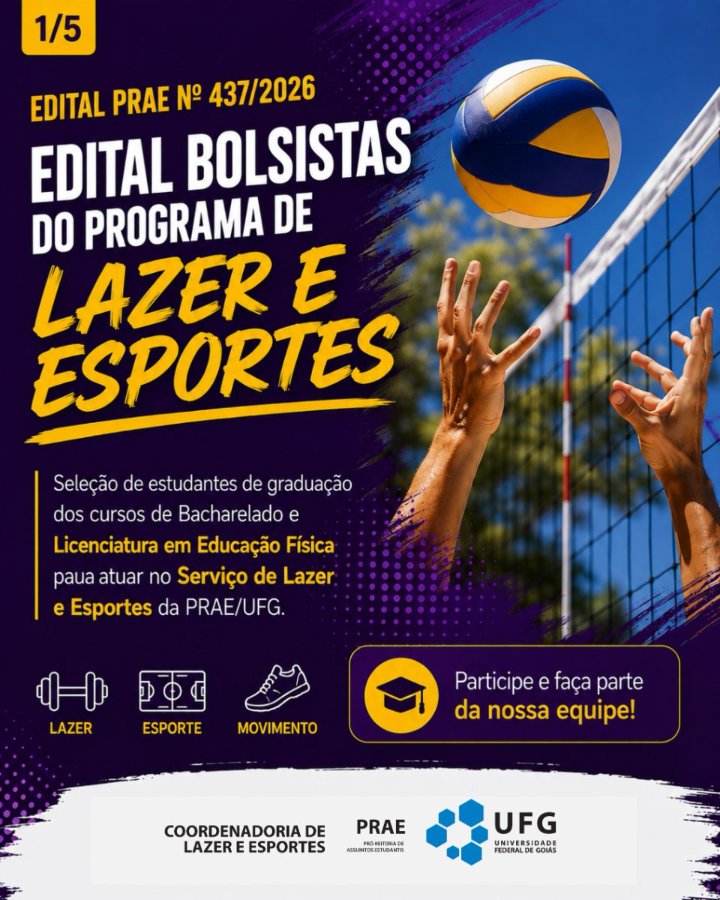 Imagem da publicação: Edital PRAE nº 437/2026: 7 bolsas de R$ 900 no Programa de Lazer e Esportes
