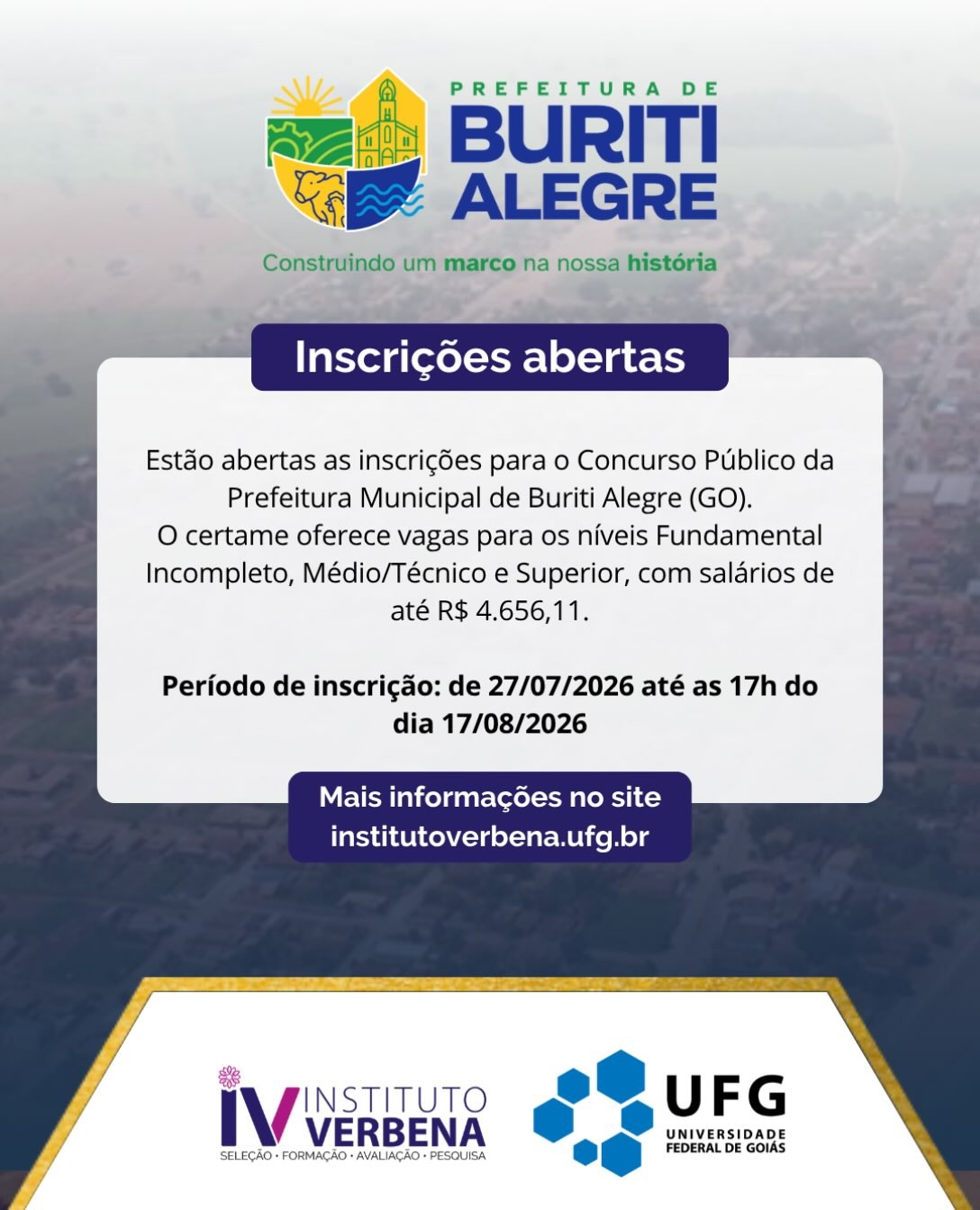 Imagem da publicação: Inscrições abertas para Concurso da Prefeitura de Buriti Alegre (GO)