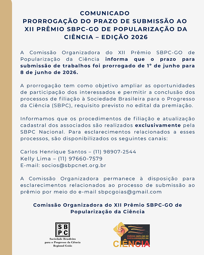 Imagem da publicação: 🎓 XII Prêmio SBPC/GO de Popularização da Ciência — Prorrogado!