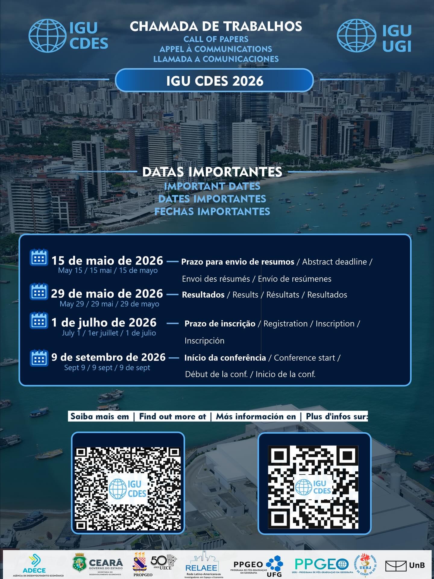 Imagem da publicação: IGU CDES 2026: chamada de trabalhos para conferência em Fortaleza