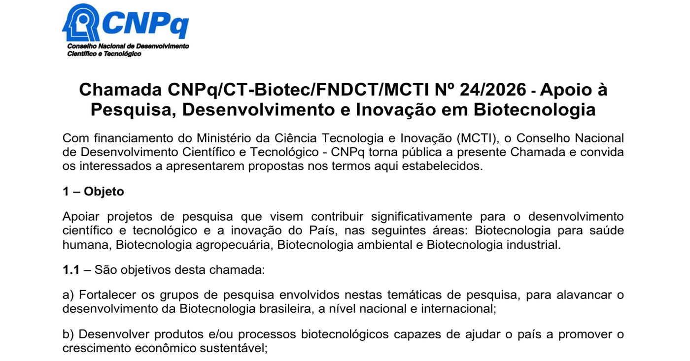 Imagem da publicação: CNPq/CT-Biotec/FNDCT/MCTI abrem chamada para projetos de PD&I em Biotecnologia (nº 24/2026)