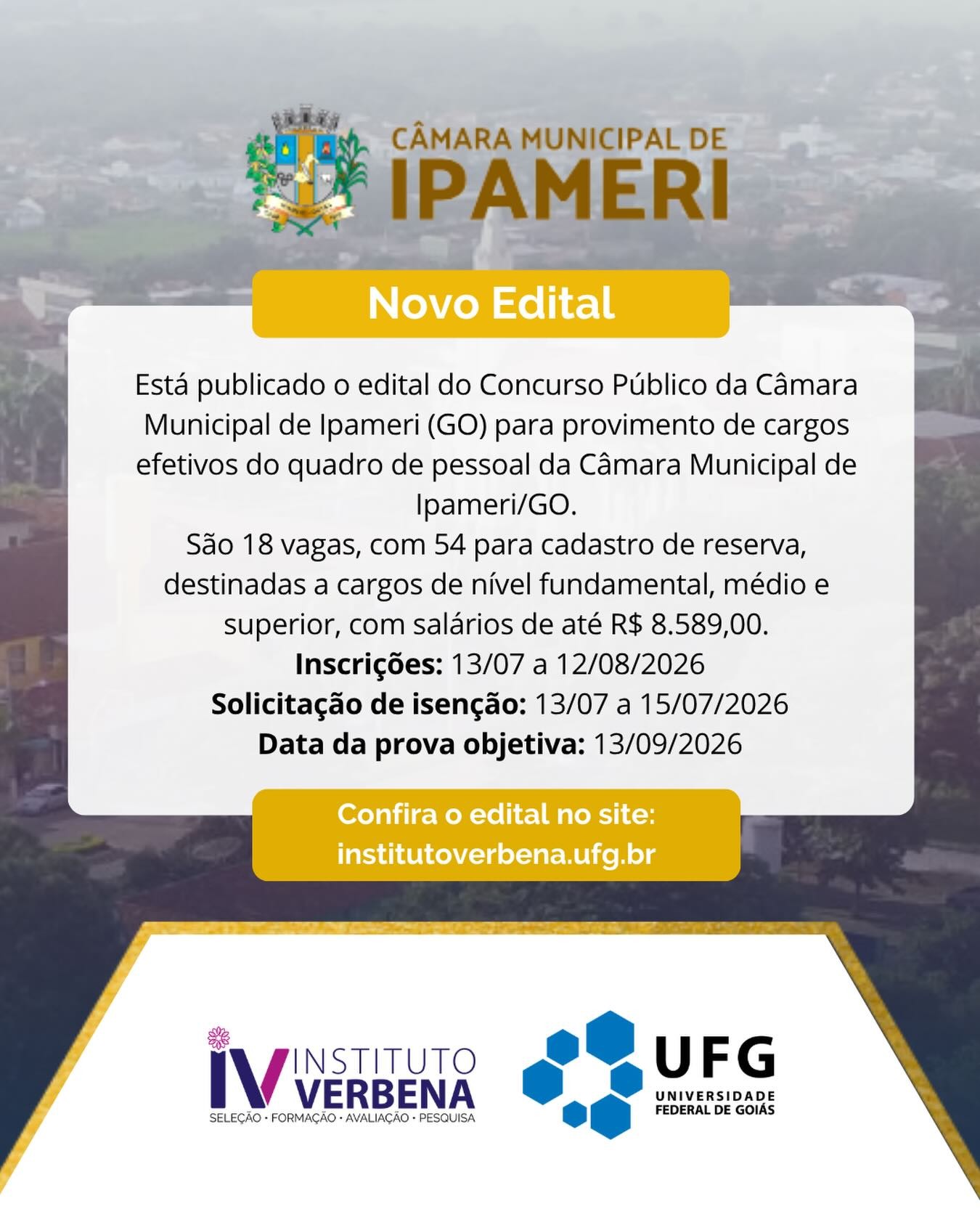 Imagem da publicação: Concurso Público da Câmara Municipal de Ipameri/GO: inscrições até 12 de agosto
