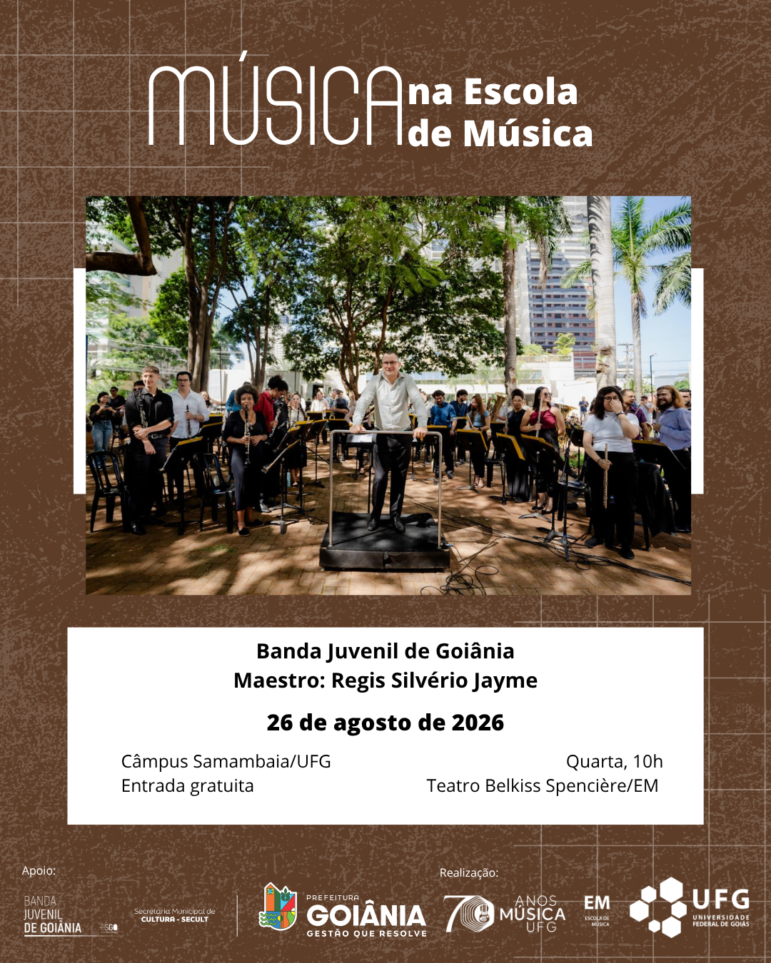 Imagem da publicação: Banda Juvenil de Goiânia se apresenta no Teatro Belkiss com maestro Régis Silverio Jayme