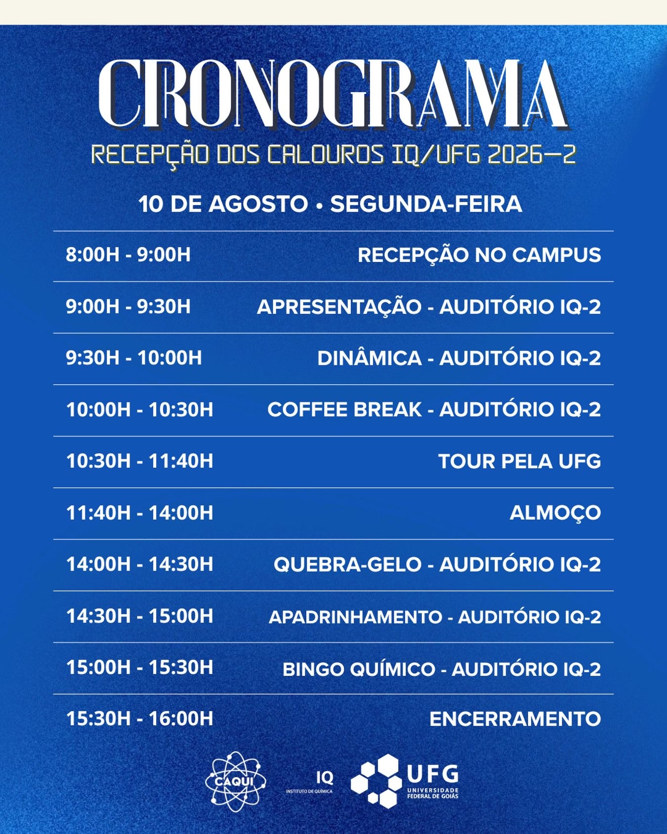 Imagem da publicação: Recepção de Calouros do IQ/UFG acontece dia 10 de agosto