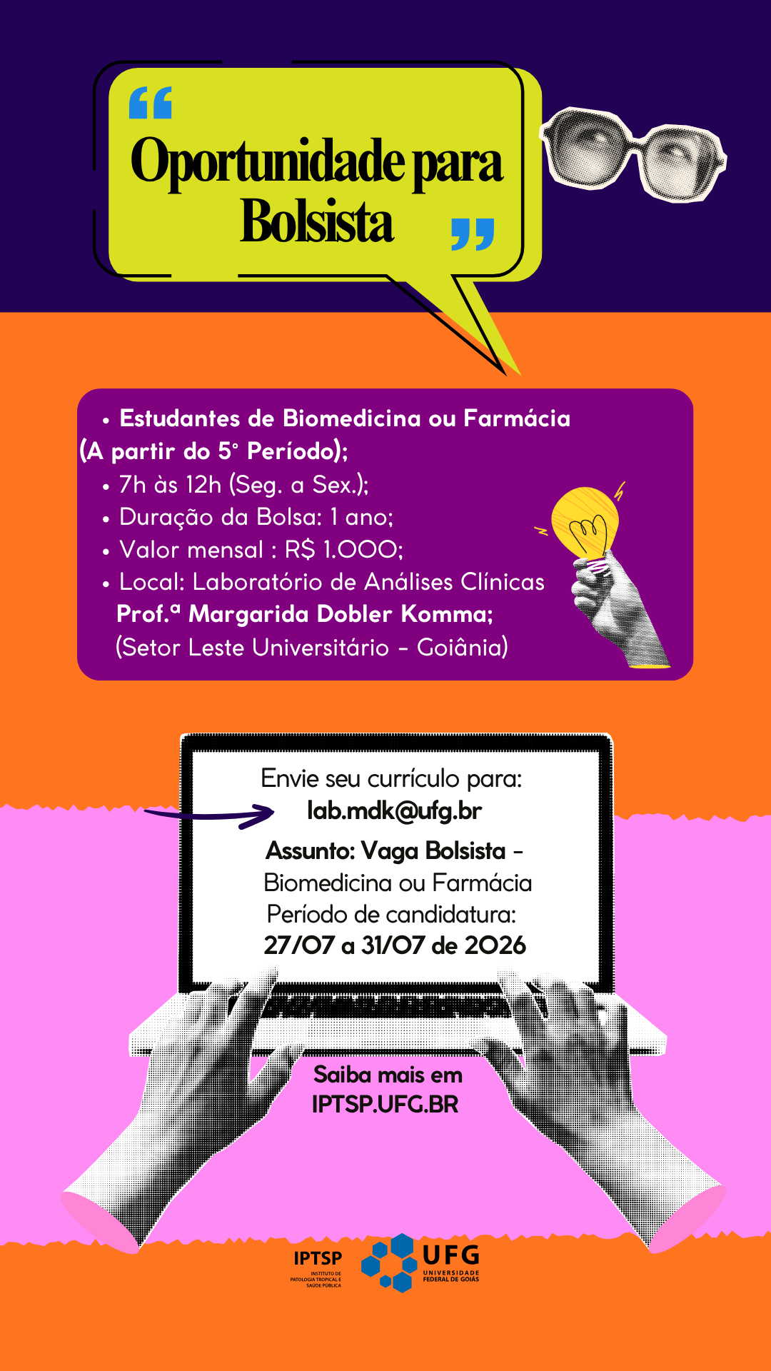 Imagem da publicação: Bolsista no IPTSP: vaga para Biomedicina e Farmácia